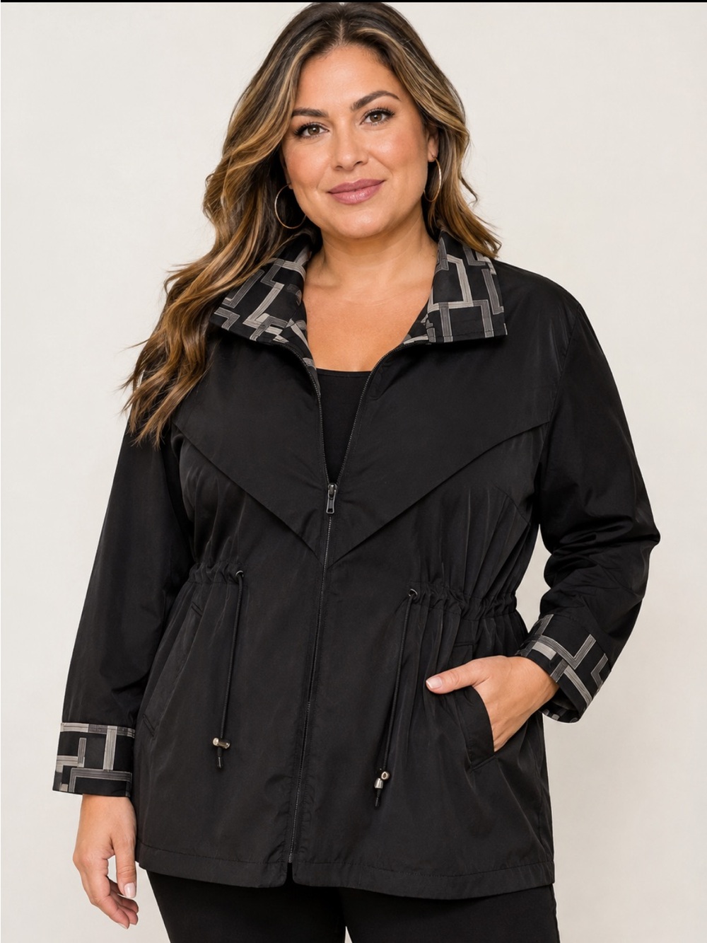 Y.R. Imports Plus Size Black Lightweight Drawstring Utility Jacket
